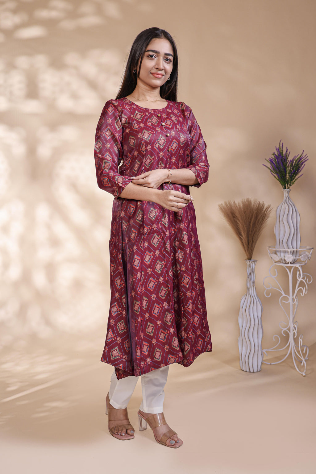Maroon Geometric Printed Art Silk A-Line Kurta umbrella top