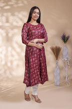 Maroon Geometric Printed Art Silk A-Line Kurta umbrella top