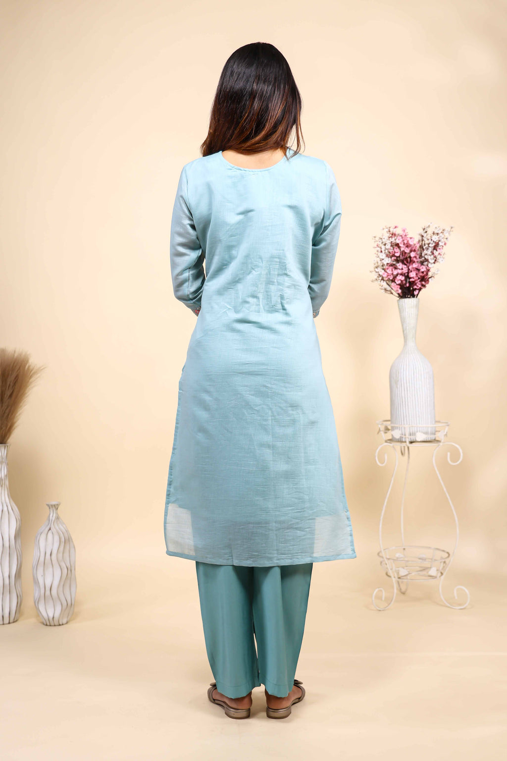 Sky Blue Floral Embroidered Kurta Set with Dupatta