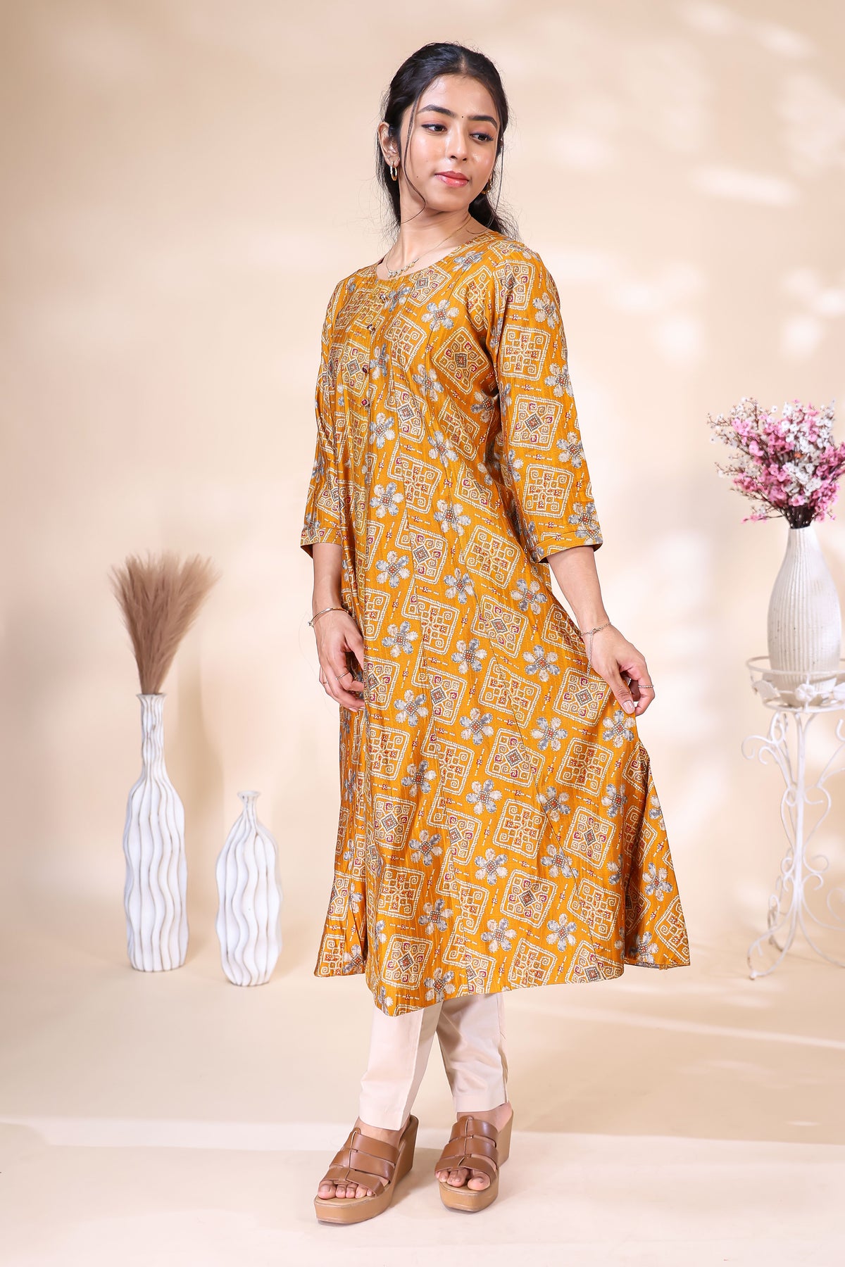 Mustard Yellow Ethnic Printed umbrella top