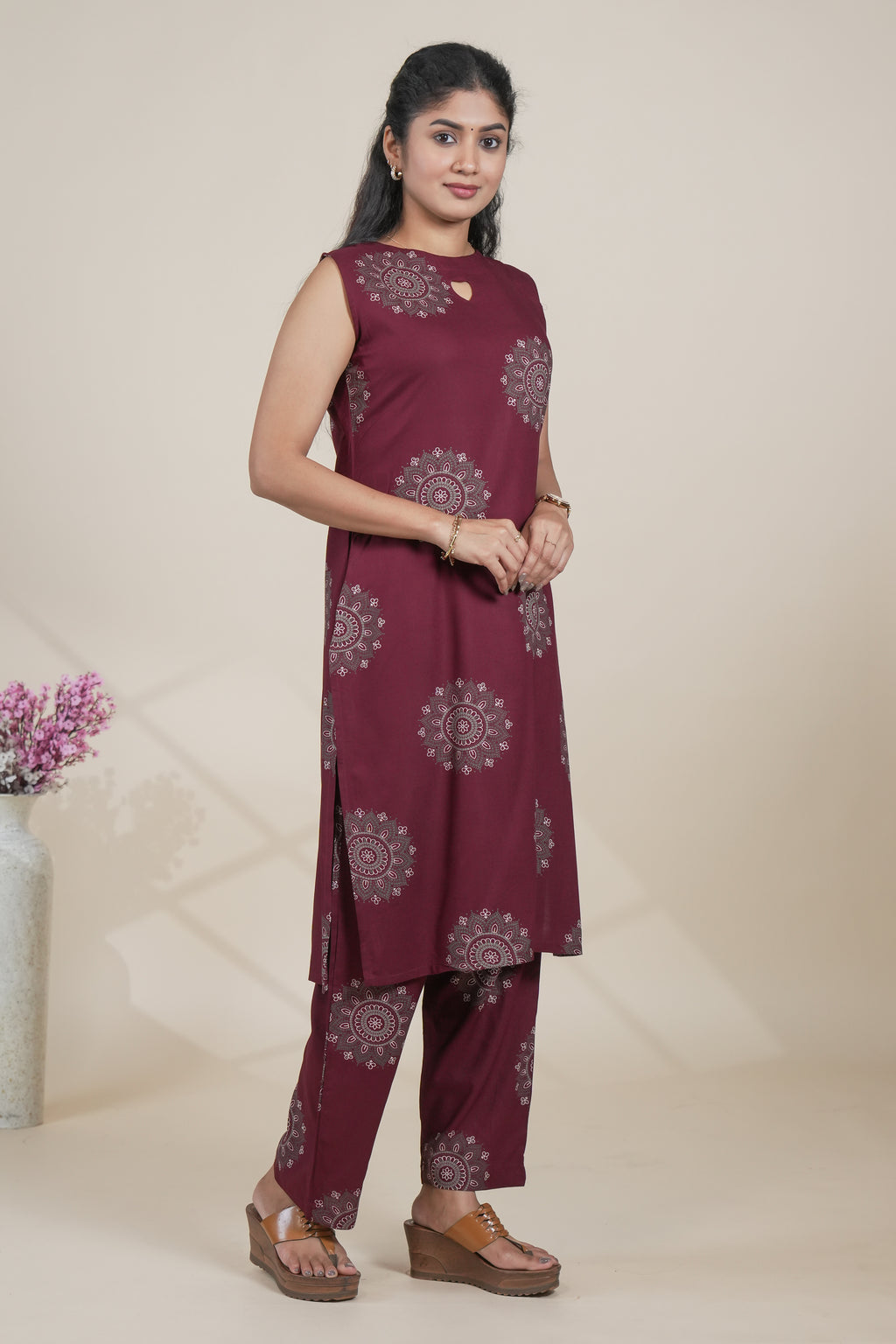 Maroon Printed Straight Kurta with Matching Pants set
