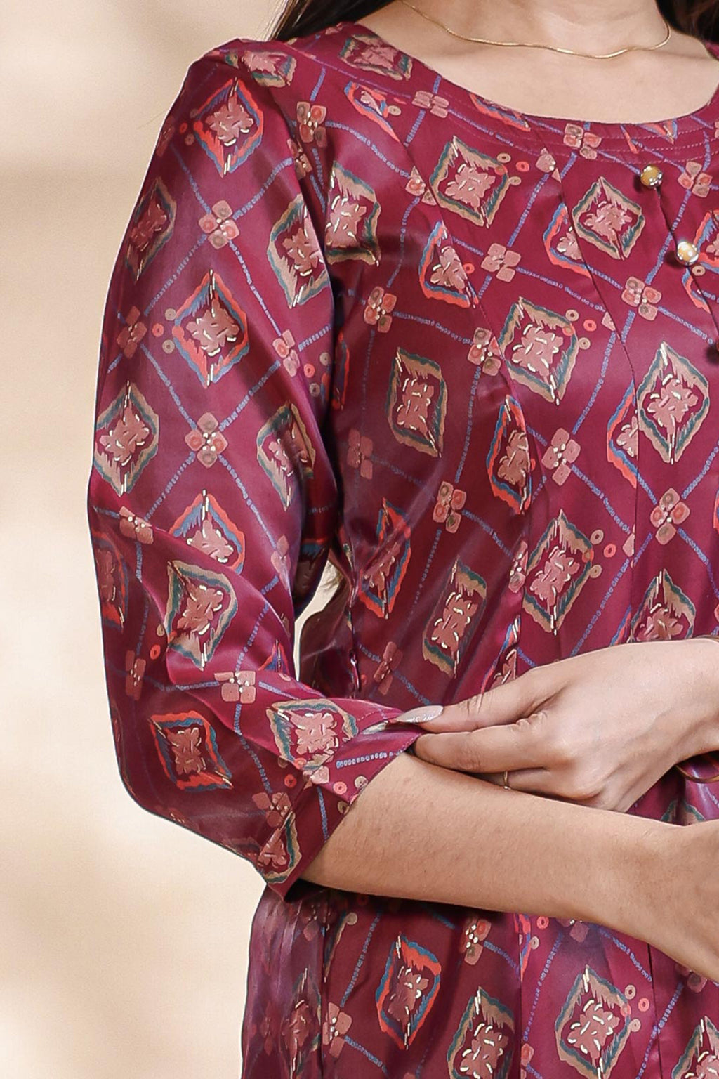 Maroon Geometric Printed Art Silk A-Line Kurta umbrella top