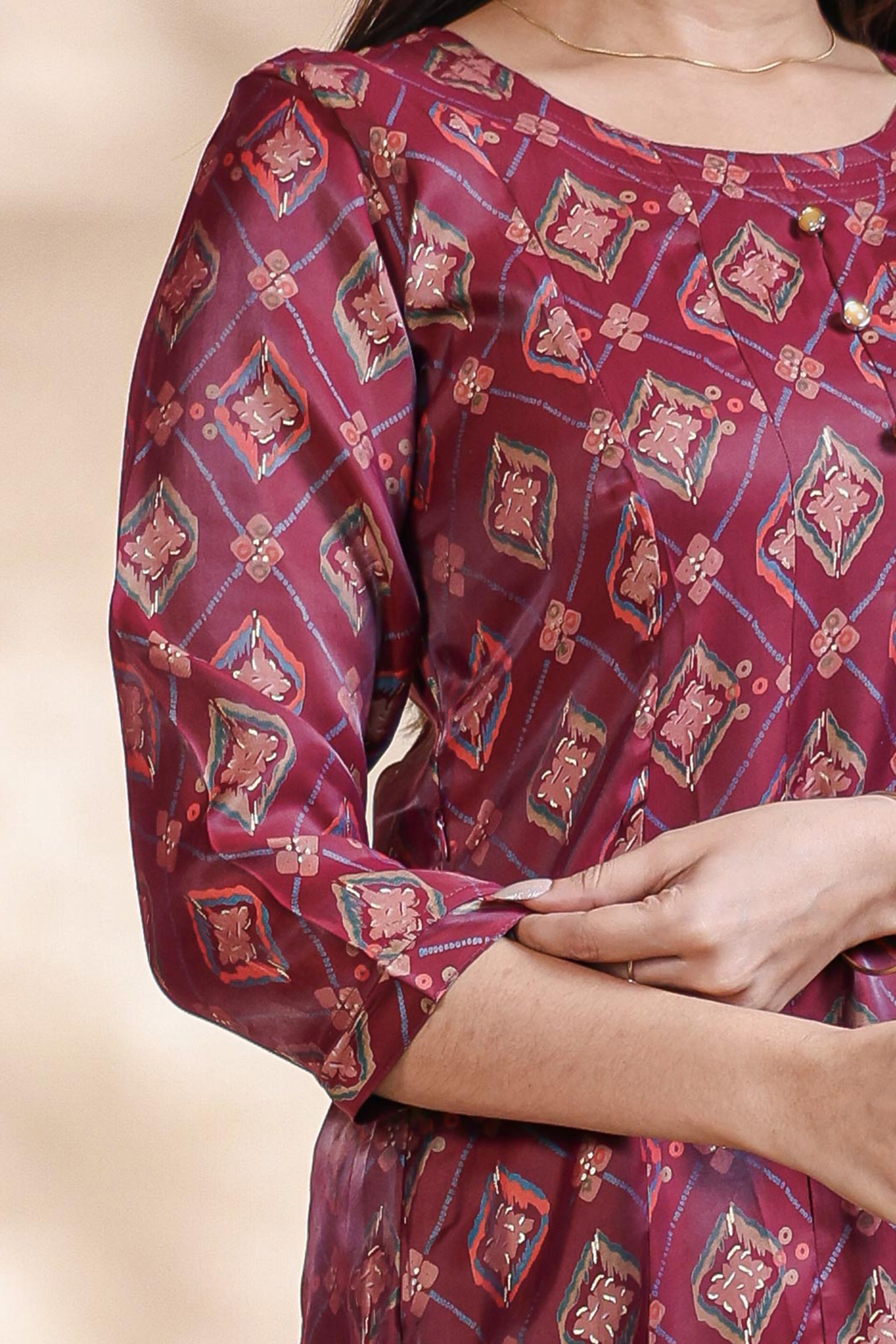Maroon Geometric Printed Art Silk A-Line Kurta umbrella top