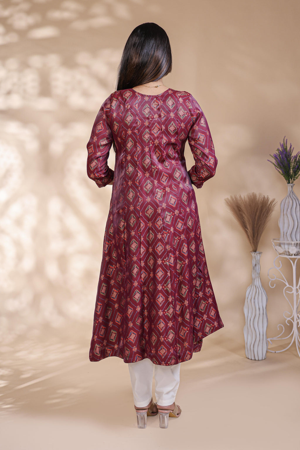 Maroon Geometric Printed Art Silk A-Line Kurta umbrella top