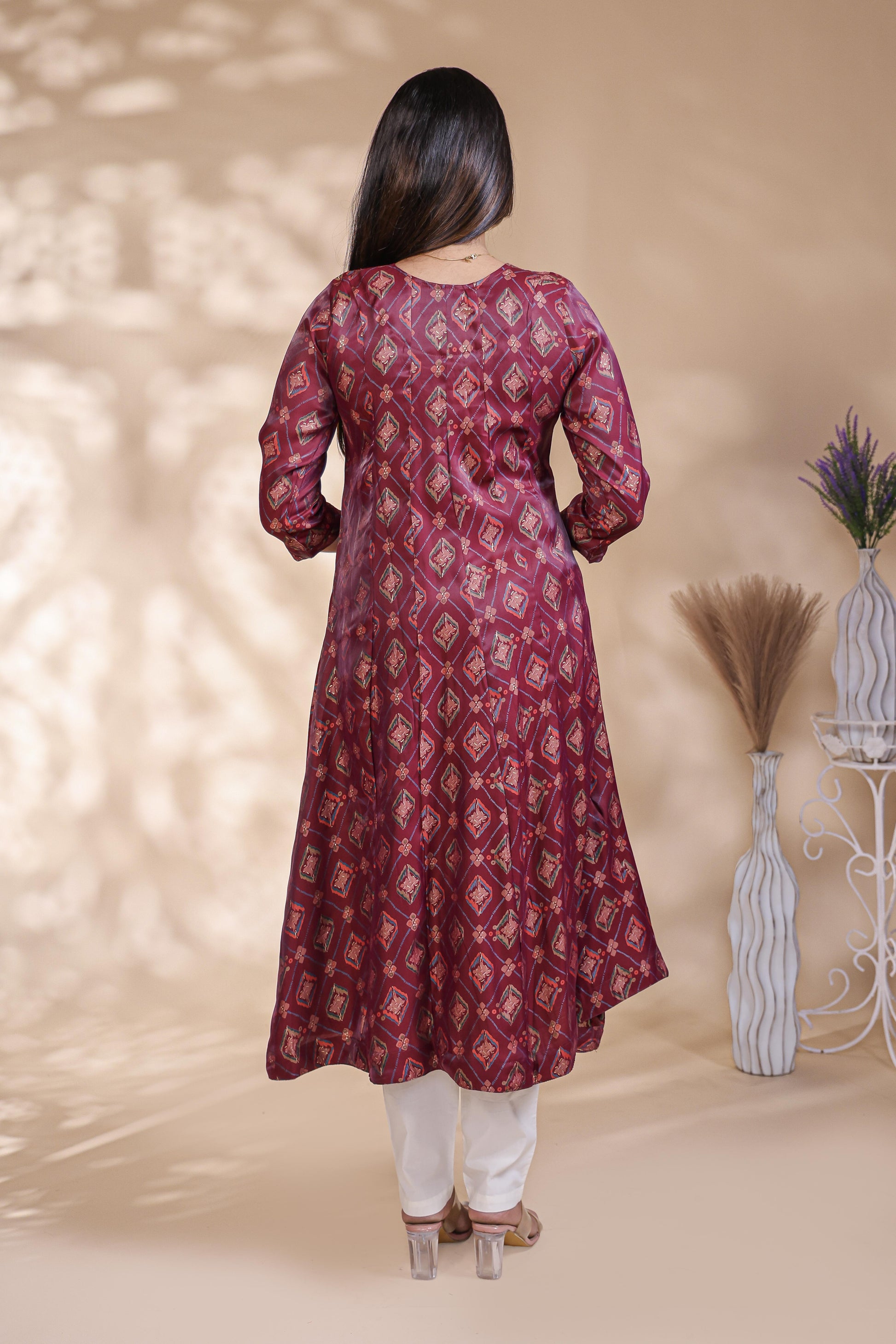Maroon Geometric Printed Art Silk A-Line Kurta umbrella top