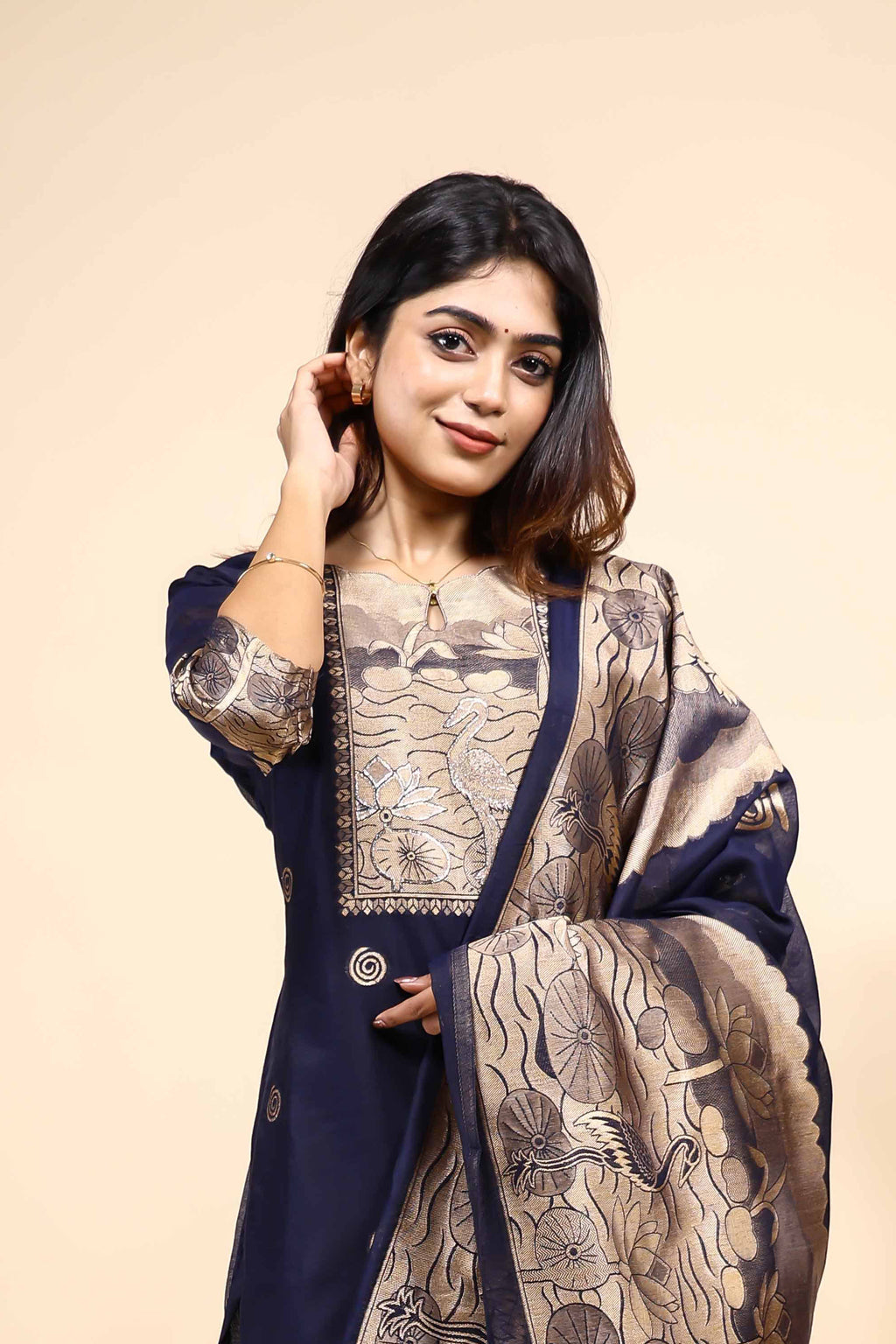 Navy Blue Printed Kurta Set with Matching Dupatta 3 Piece set