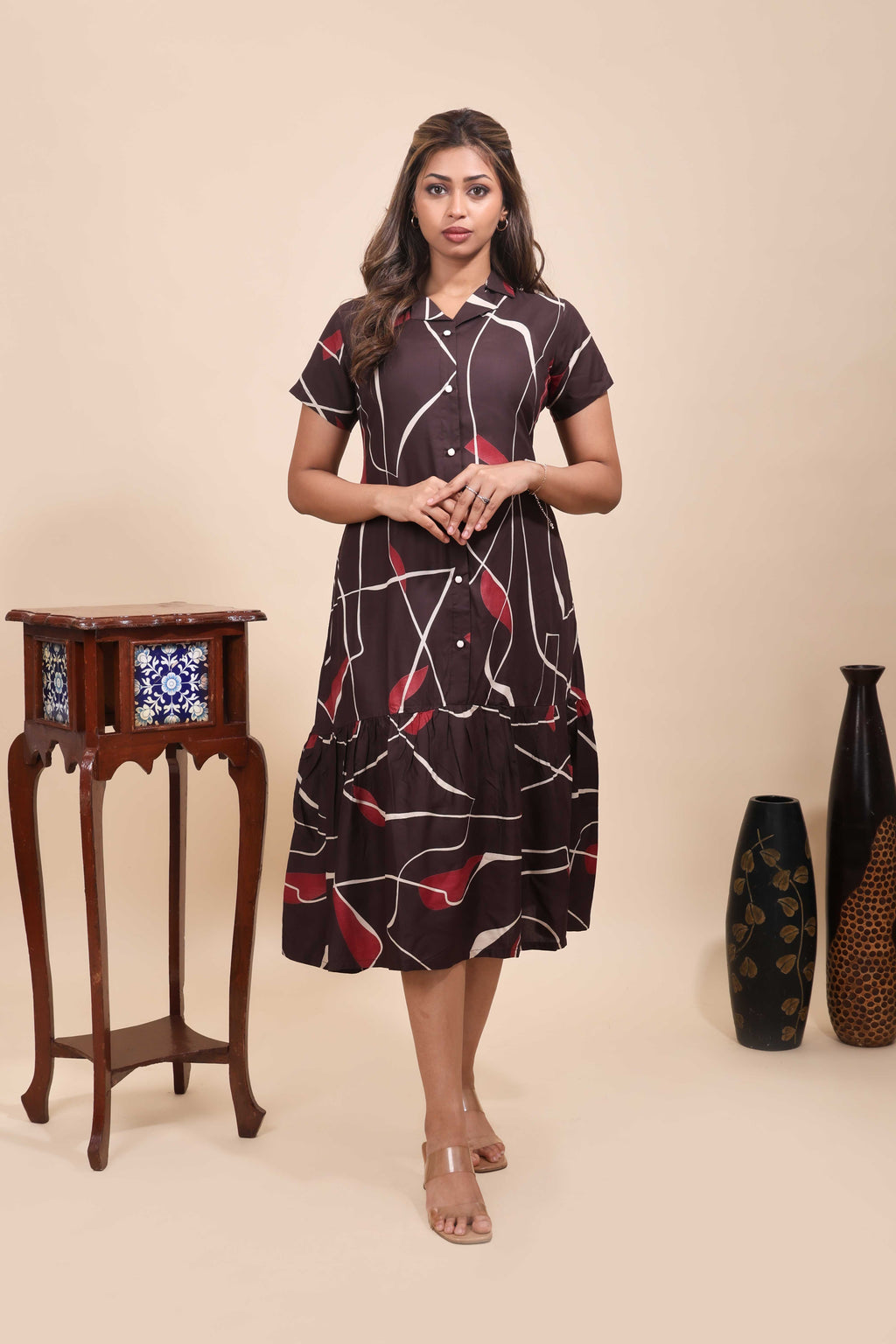 Contemporary Geometric Print Front-Button Midi Dress with Ruffled Hem