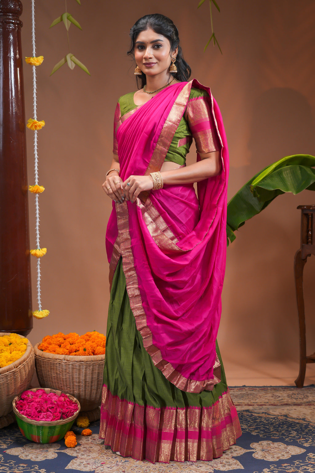 Traditional Olive Green Lehengas and Vibrant Pink Silk Half Saree