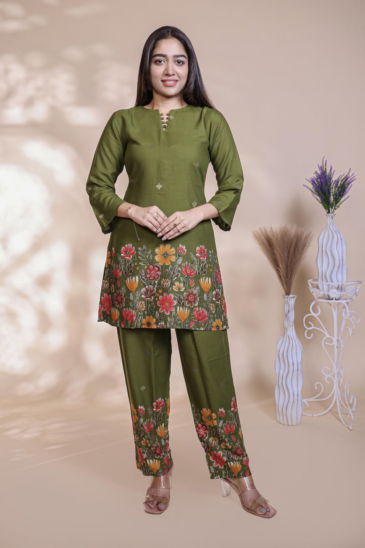 Olive Green Floral Printed & Embroidered Co-Ord Kurti Set