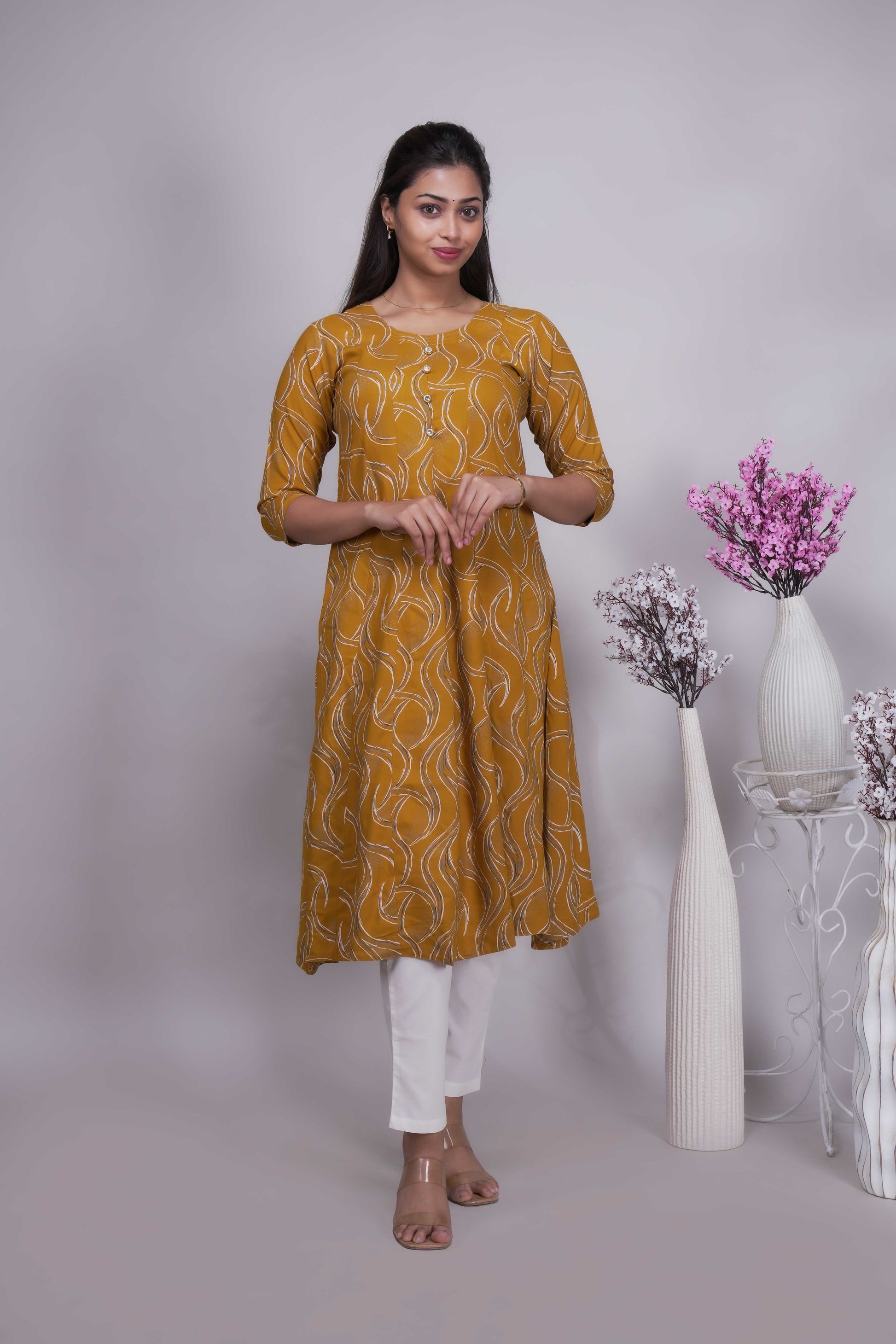 Women's Mustard Yellow Abstract Print A-Line Kurta