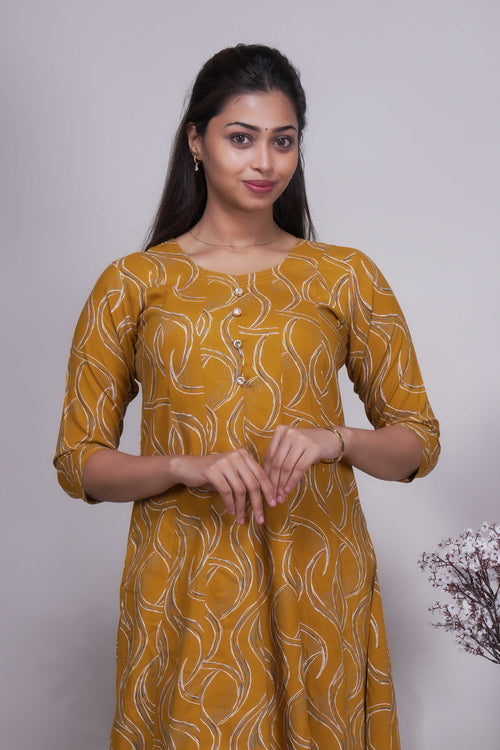 Women's Mustard Yellow Abstract Print A-Line Kurta