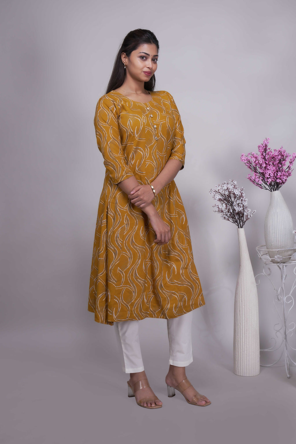 Women's Mustard Yellow Abstract Print A-Line Kurta