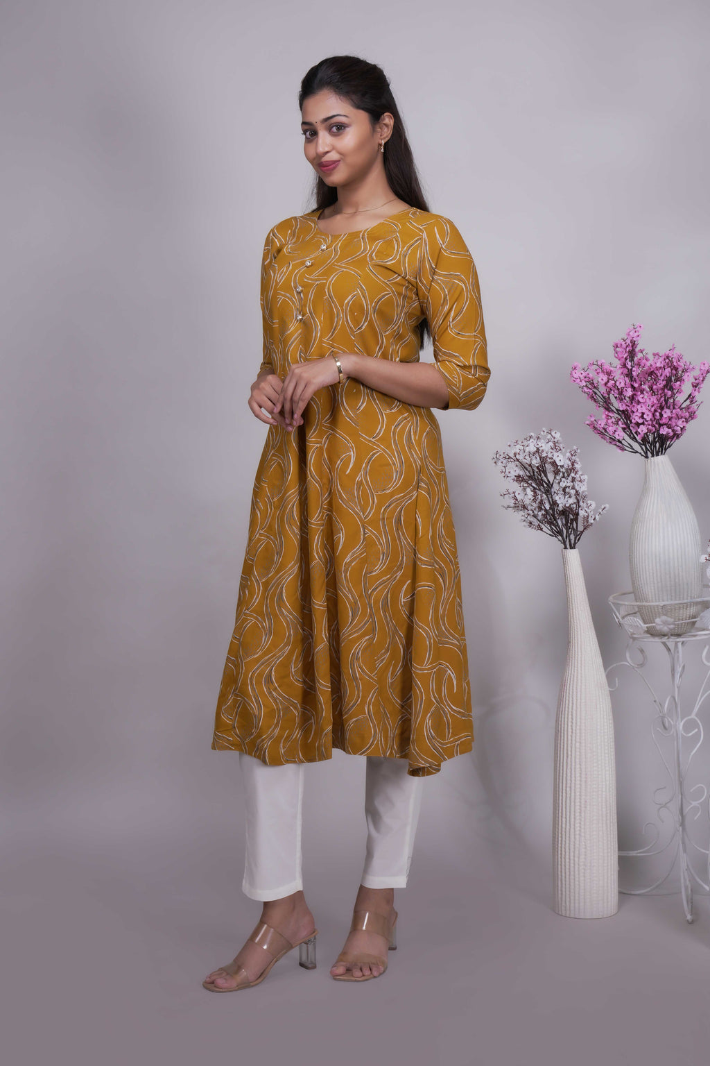 Women's Mustard Yellow Abstract Print A-Line Kurta