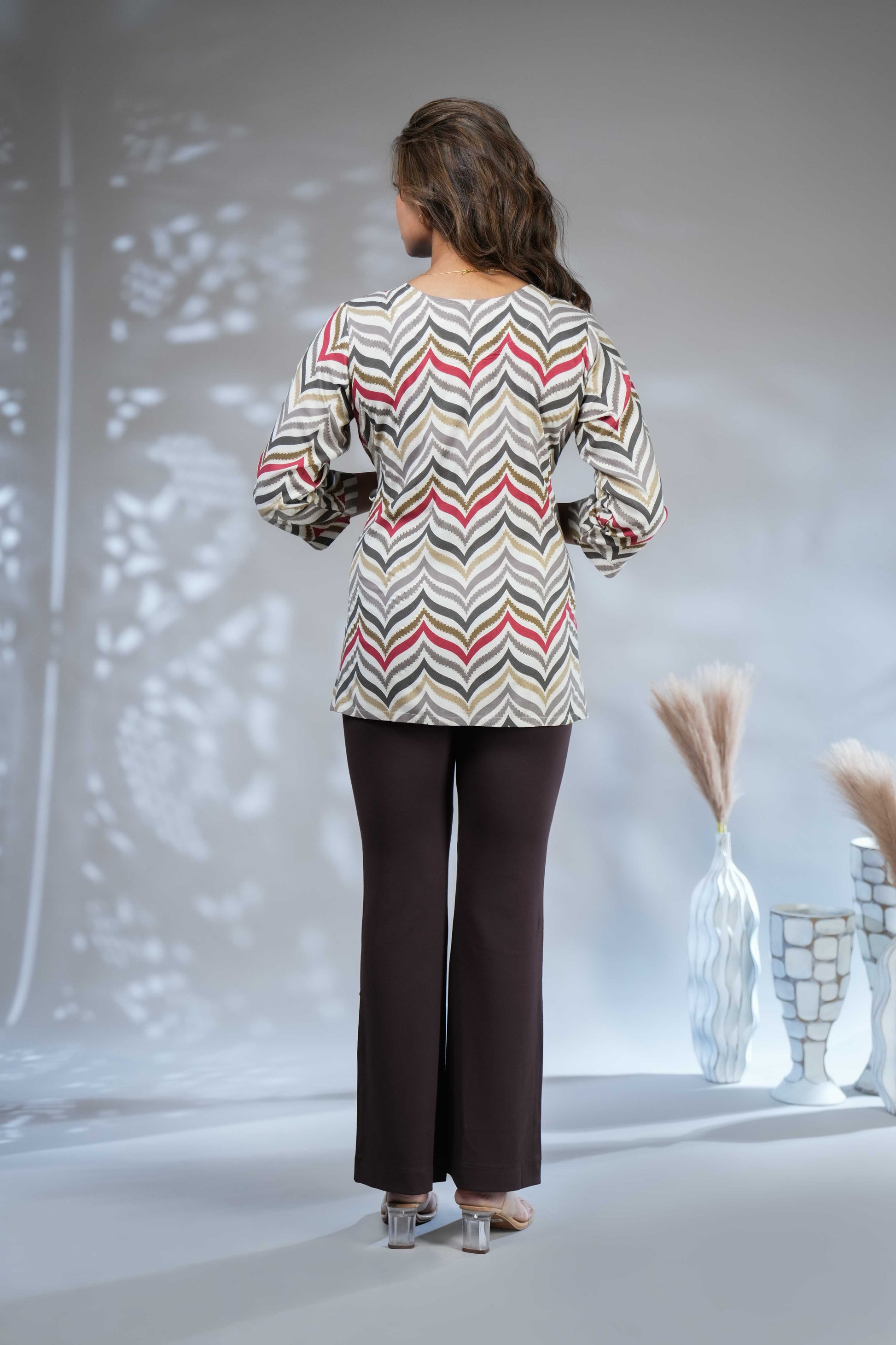 Women's Multicolor Chevron Print Keyhole Neck Tunic Top
