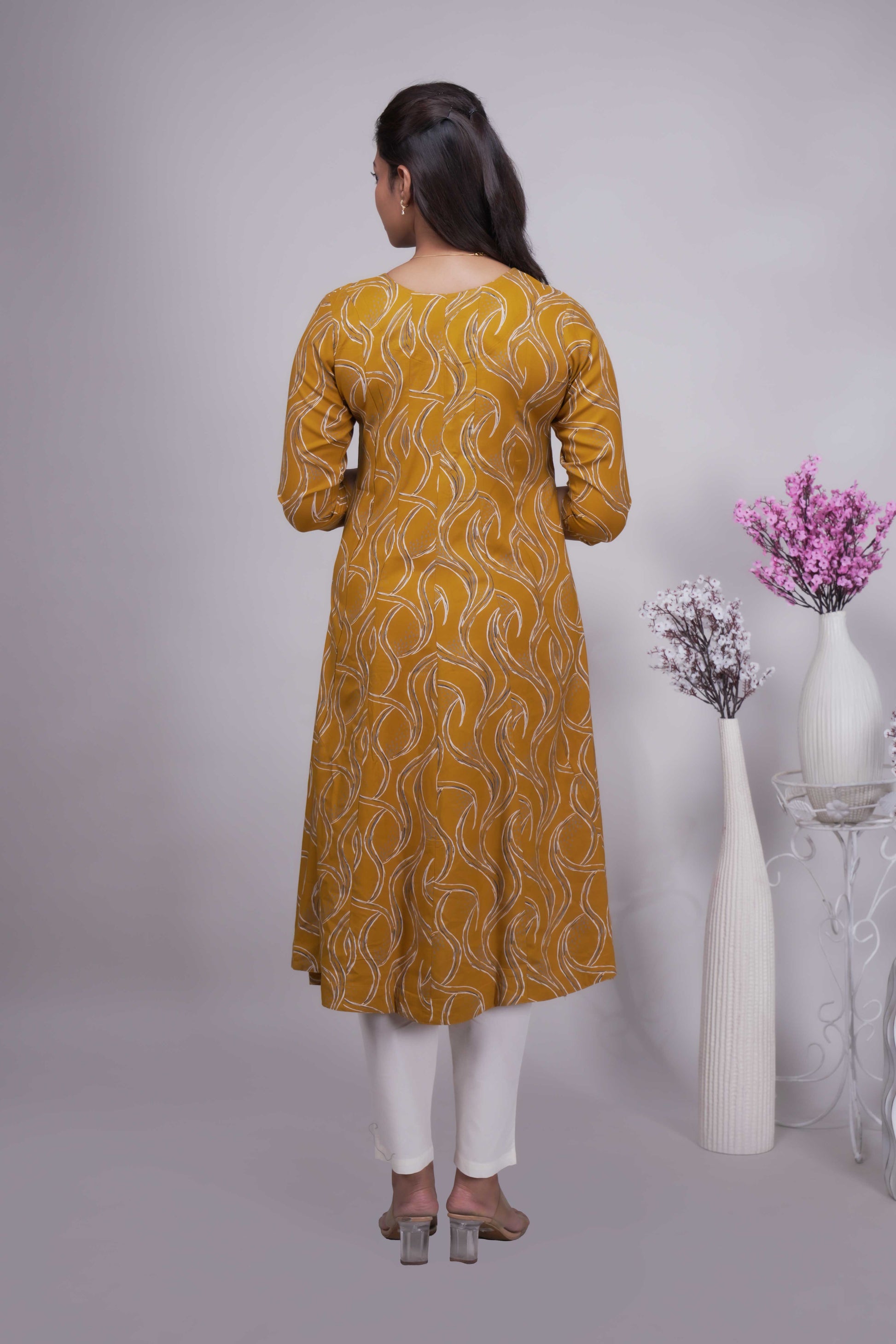 Women's Mustard Yellow Abstract Print A-Line Kurta