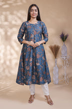 Steel Blue Floral Printed Anarkali Kurta umbrella top