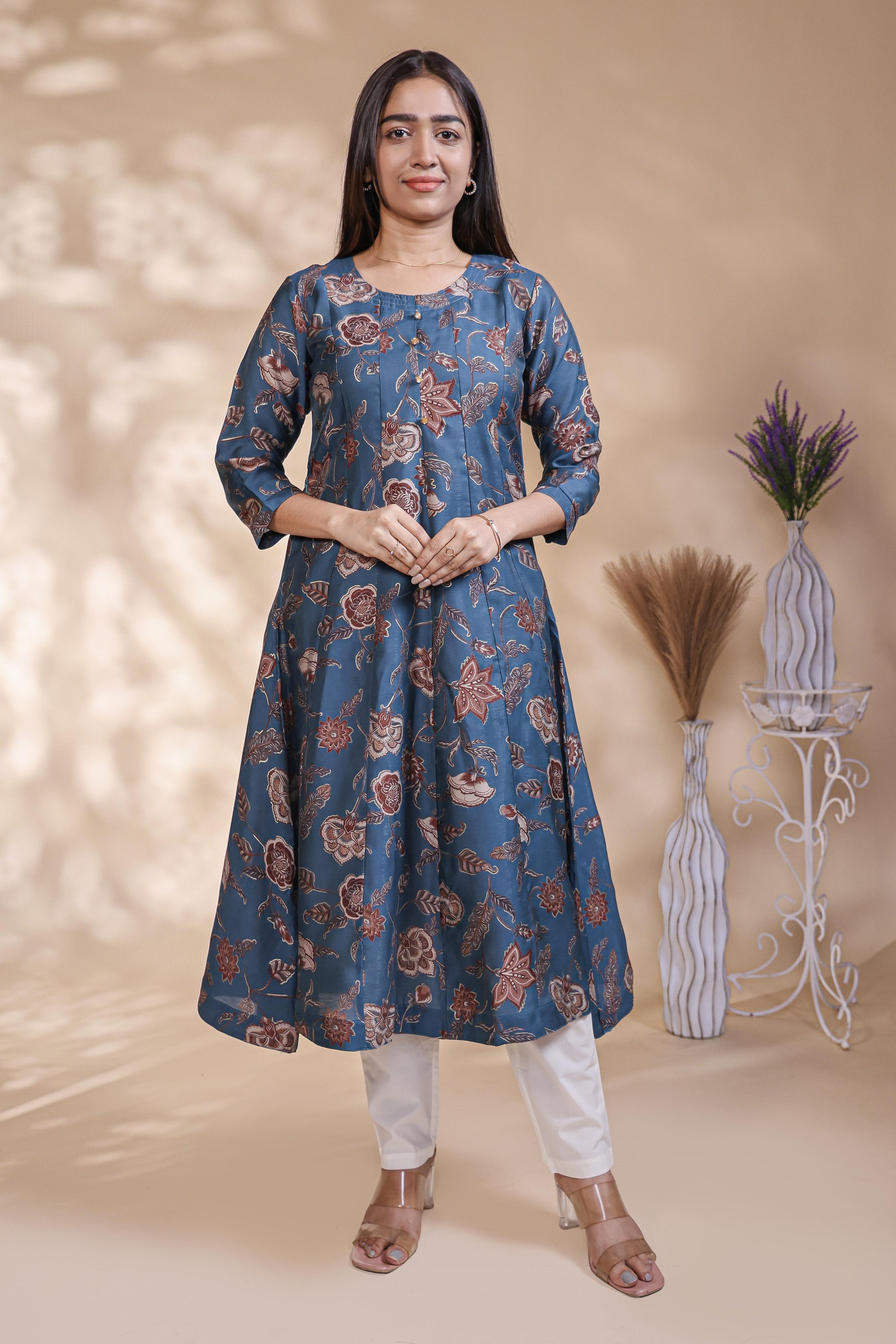 Steel Blue Floral Printed Anarkali Kurta umbrella top
