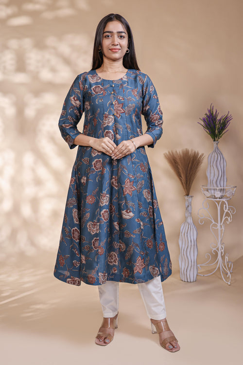 Steel Blue Floral Printed Anarkali Kurta umbrella top
