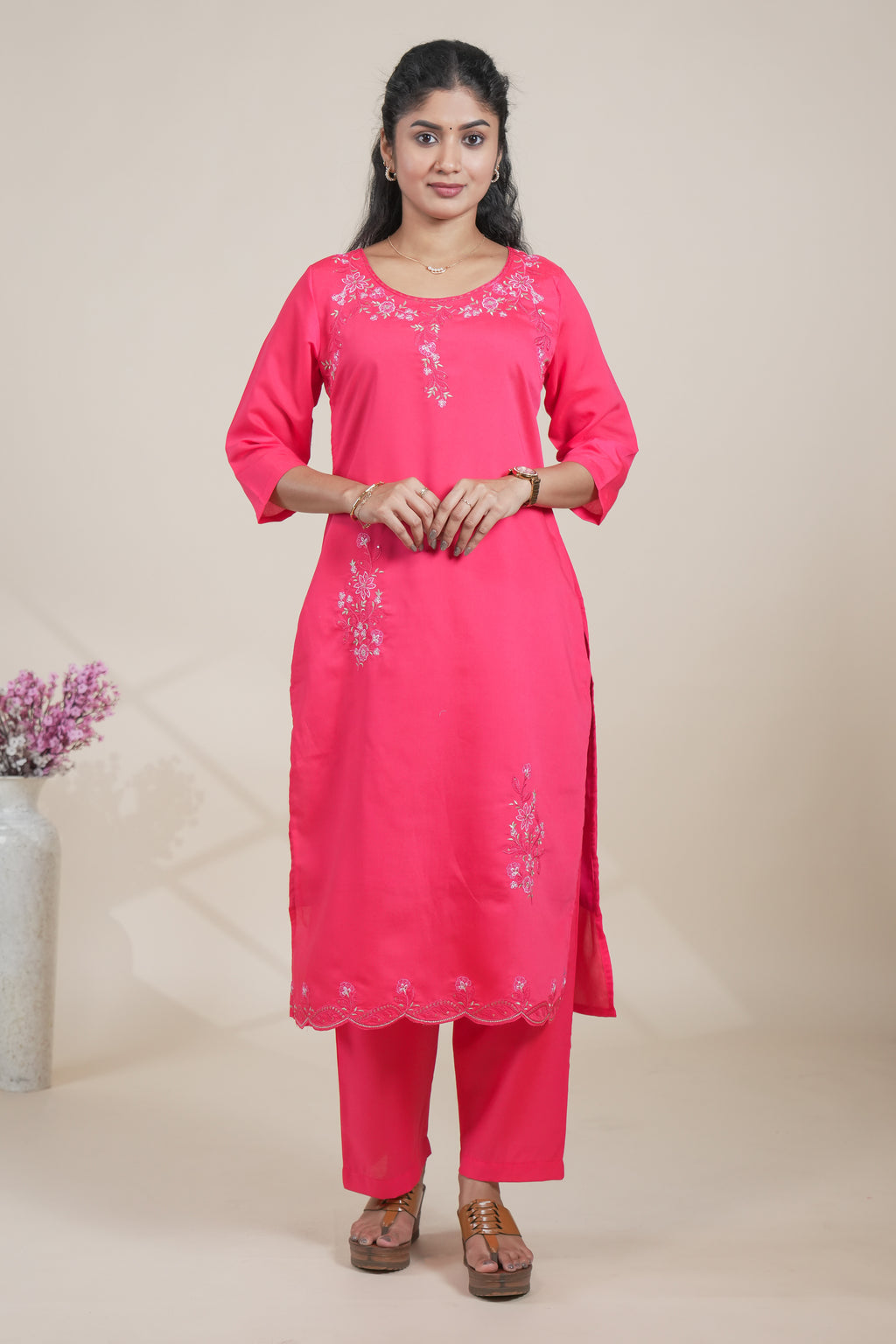 Vibrant Pink Embroidered Straight Kurta with Matching Pants set