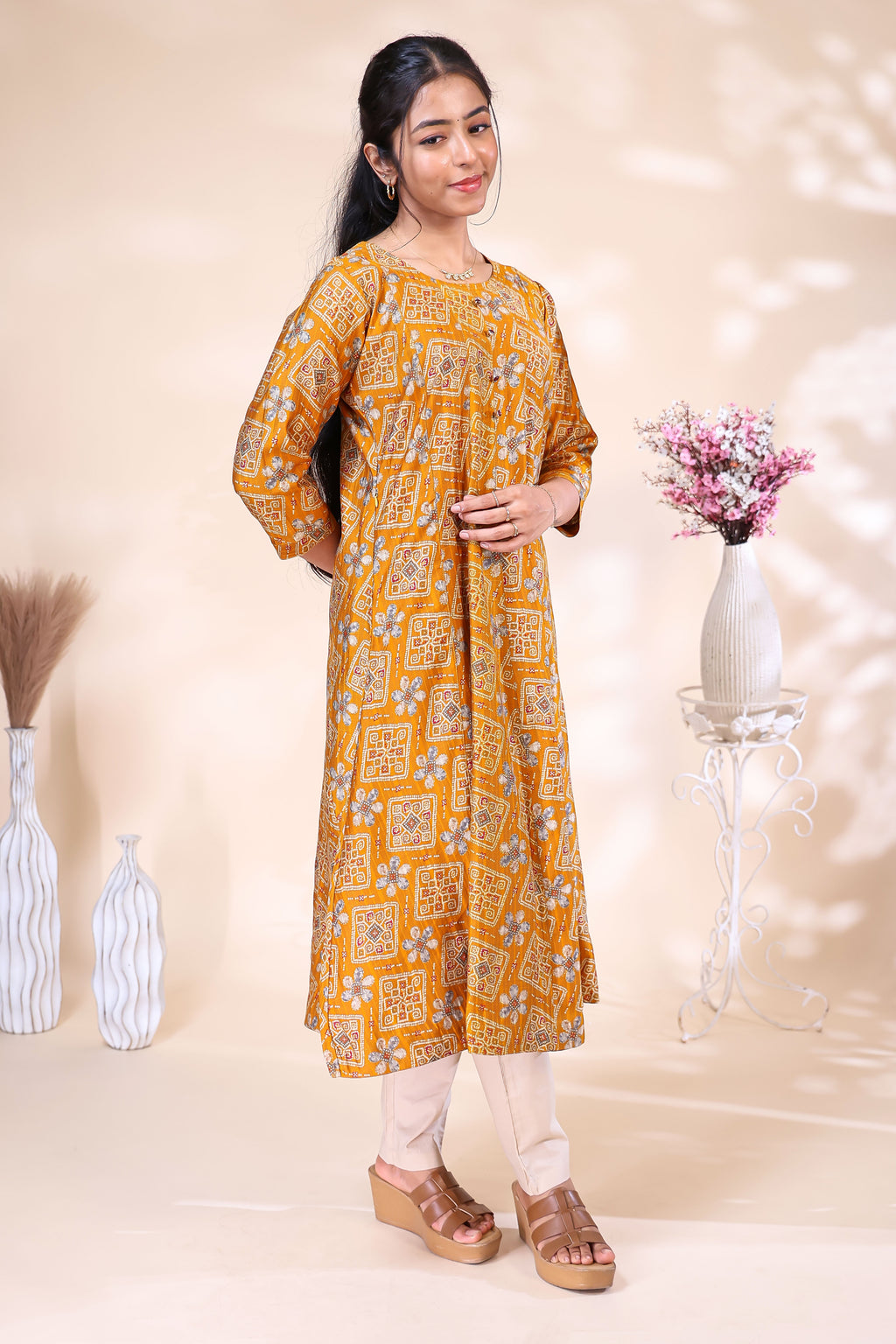 Mustard Yellow Ethnic Printed umbrella top