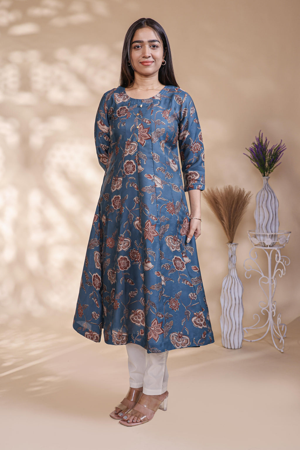 Steel Blue Floral Printed Anarkali Kurta umbrella top