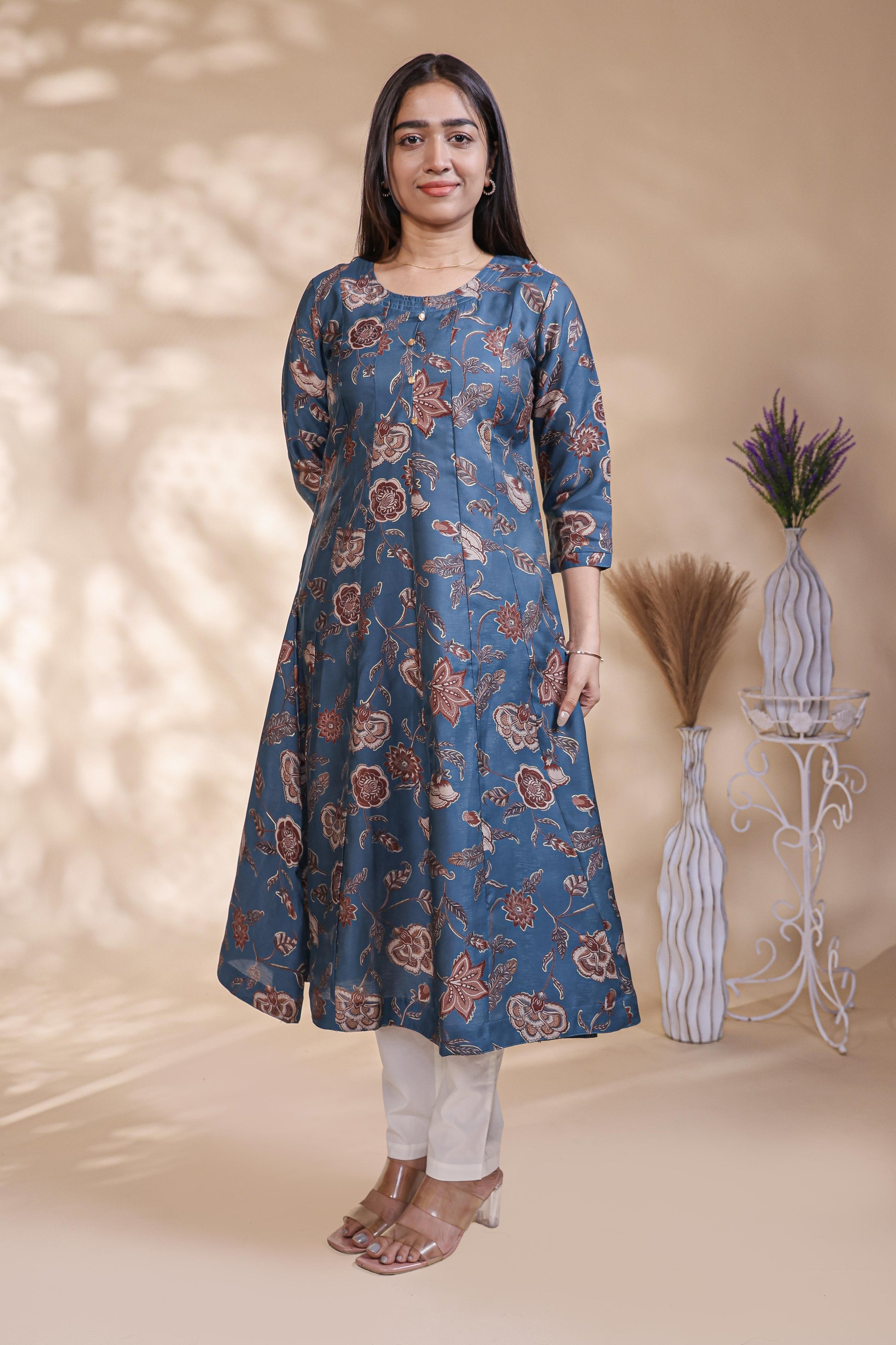 Steel Blue Floral Printed Anarkali Kurta umbrella top