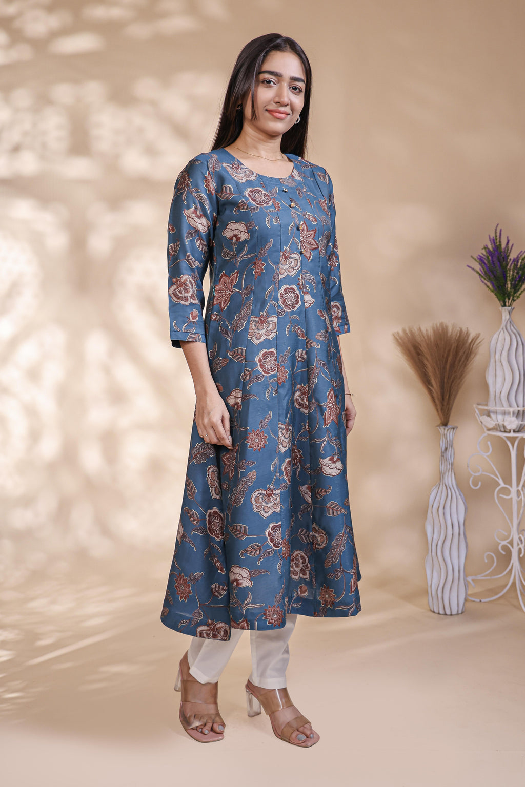 Steel Blue Floral Printed Anarkali Kurta umbrella top