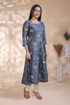 Steel Blue Floral Printed Anarkali Kurta umbrella top