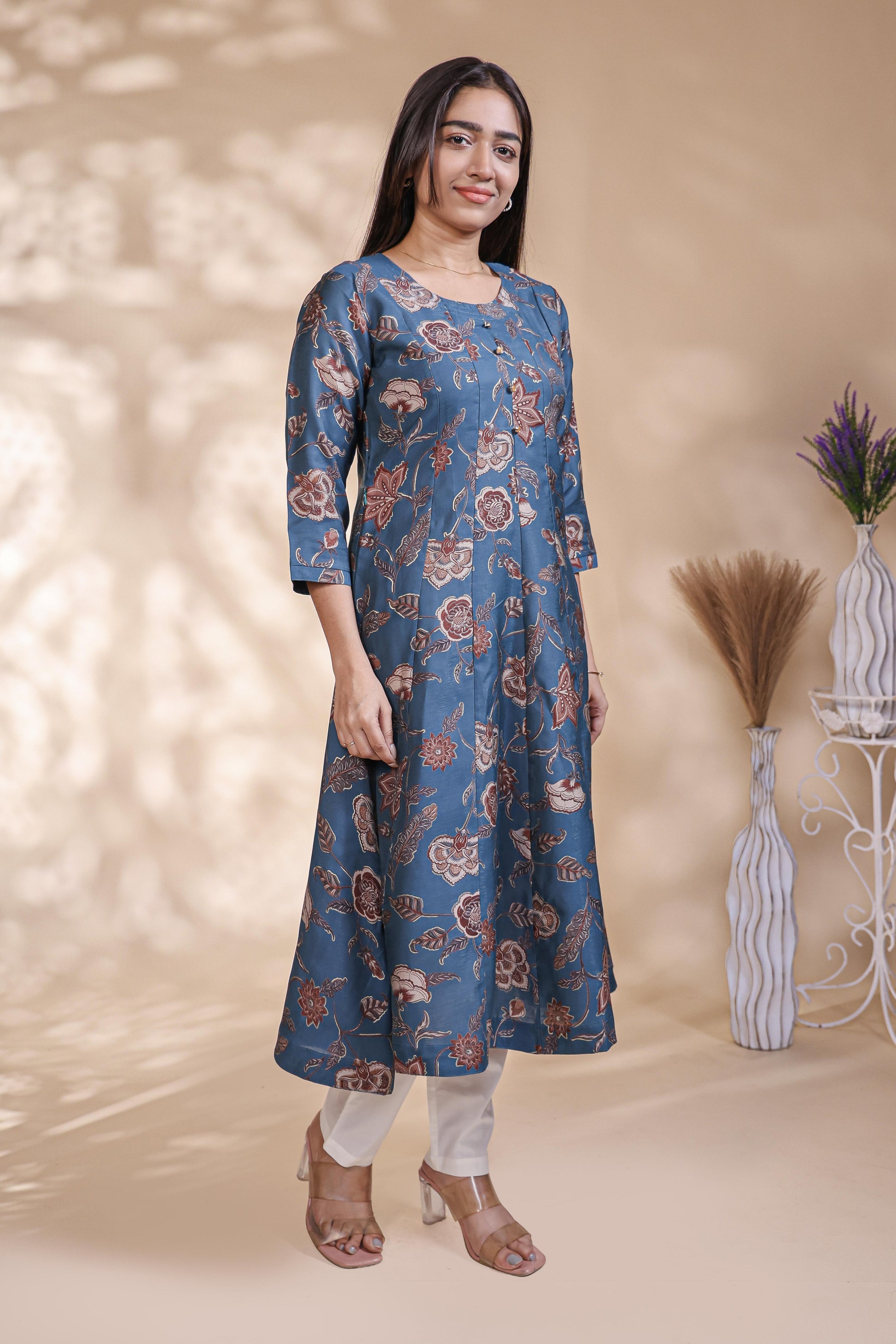 Steel Blue Floral Printed Anarkali Kurta umbrella top
