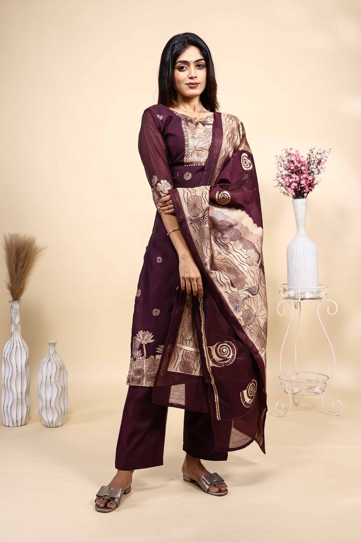 Elegant Plum Purple Embroidered Kurta Set with Dupatta