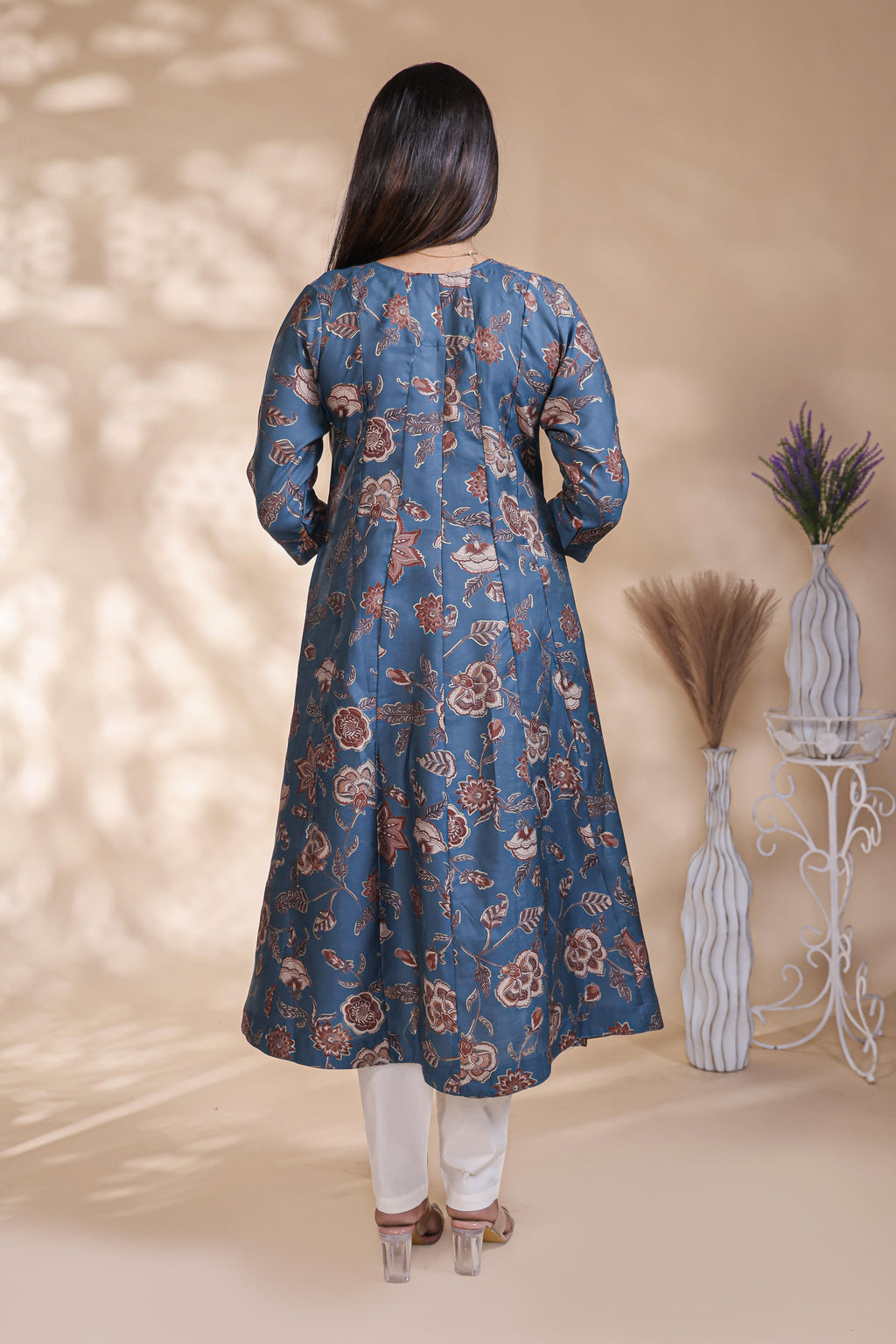 Steel Blue Floral Printed Anarkali Kurta umbrella top