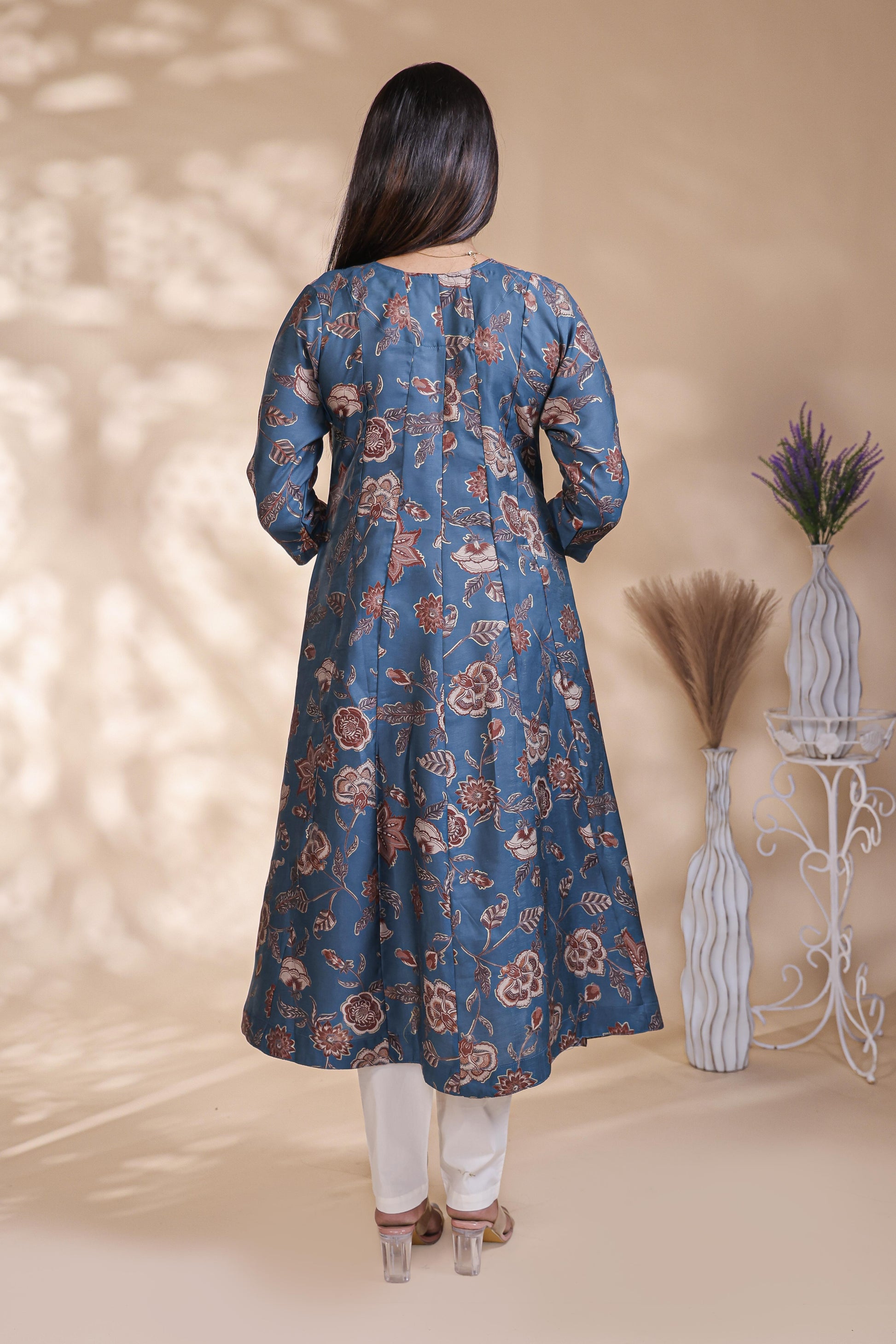 Steel Blue Floral Printed Anarkali Kurta umbrella top