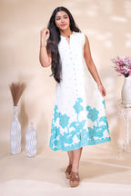 Off-White & Turquoise Blue Printed chinese collar dress