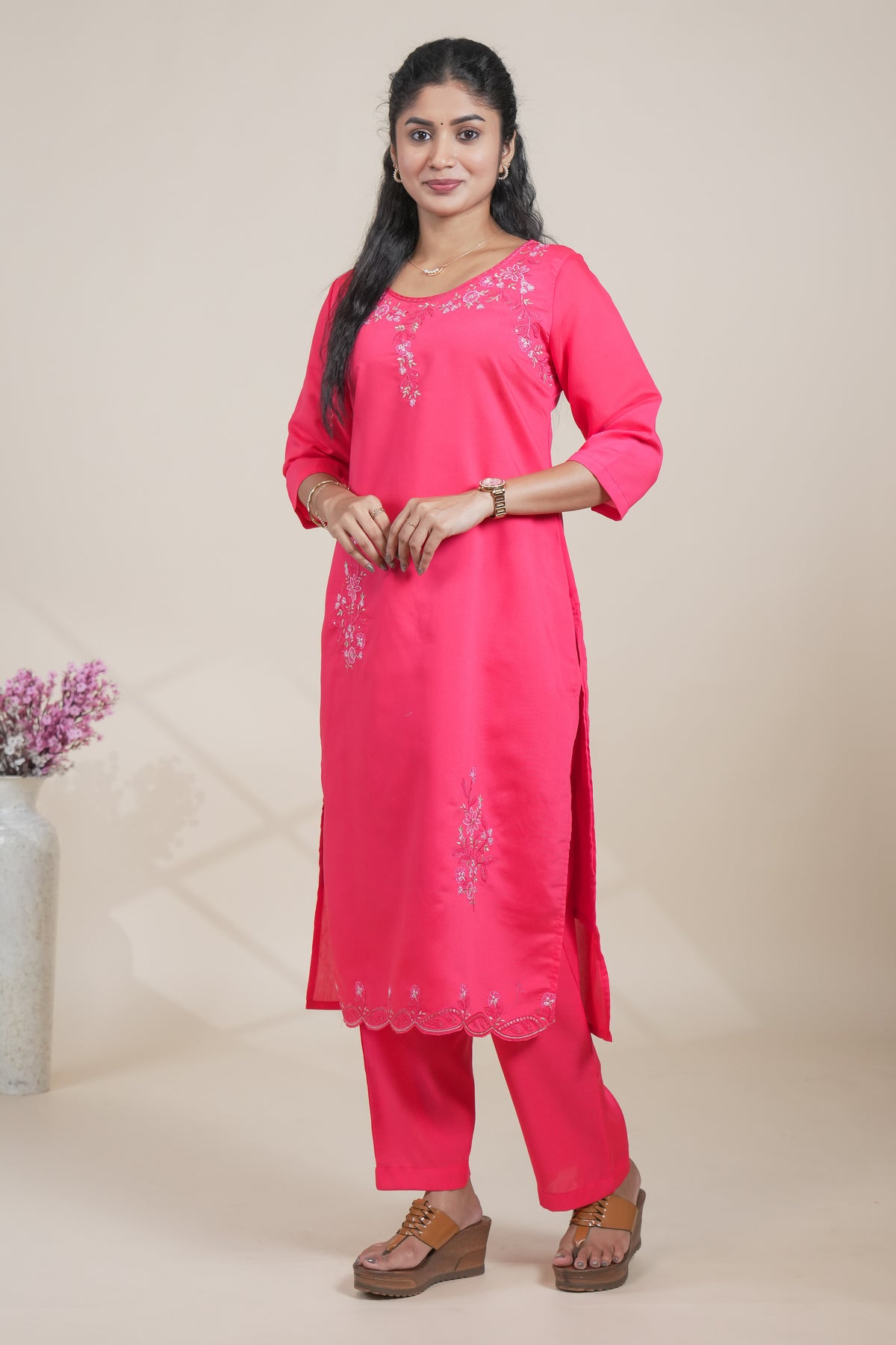Vibrant Pink Embroidered Straight Kurta with Matching Pants set