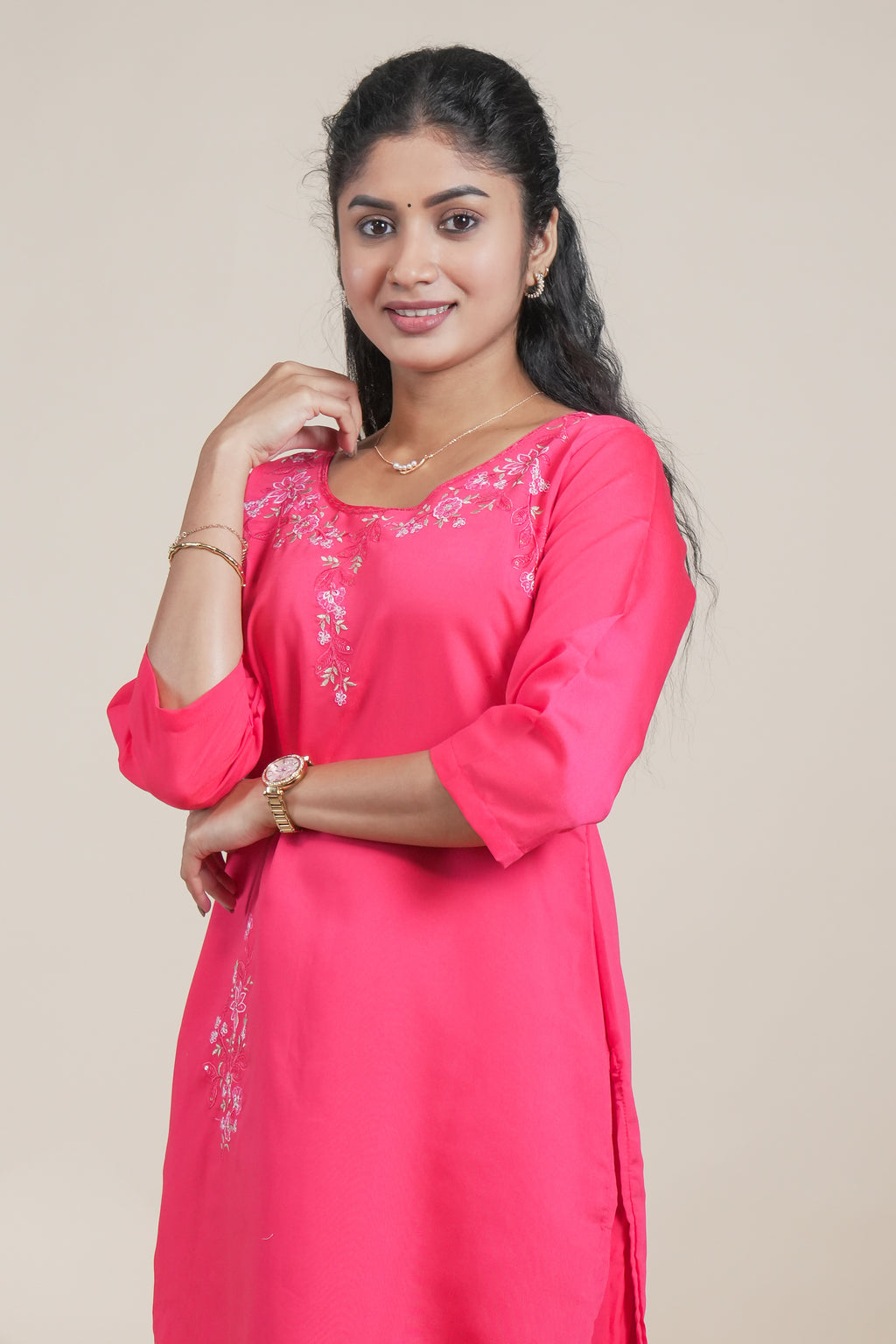 Vibrant Pink Embroidered Straight Kurta with Matching Pants set