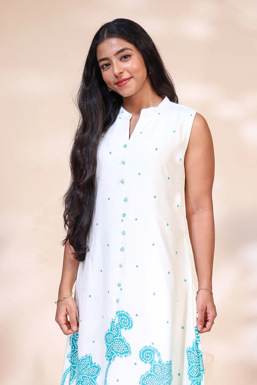Off-White & Turquoise Blue Printed chinese collar dress