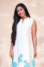 Off-White & Turquoise Blue Printed chinese collar dress