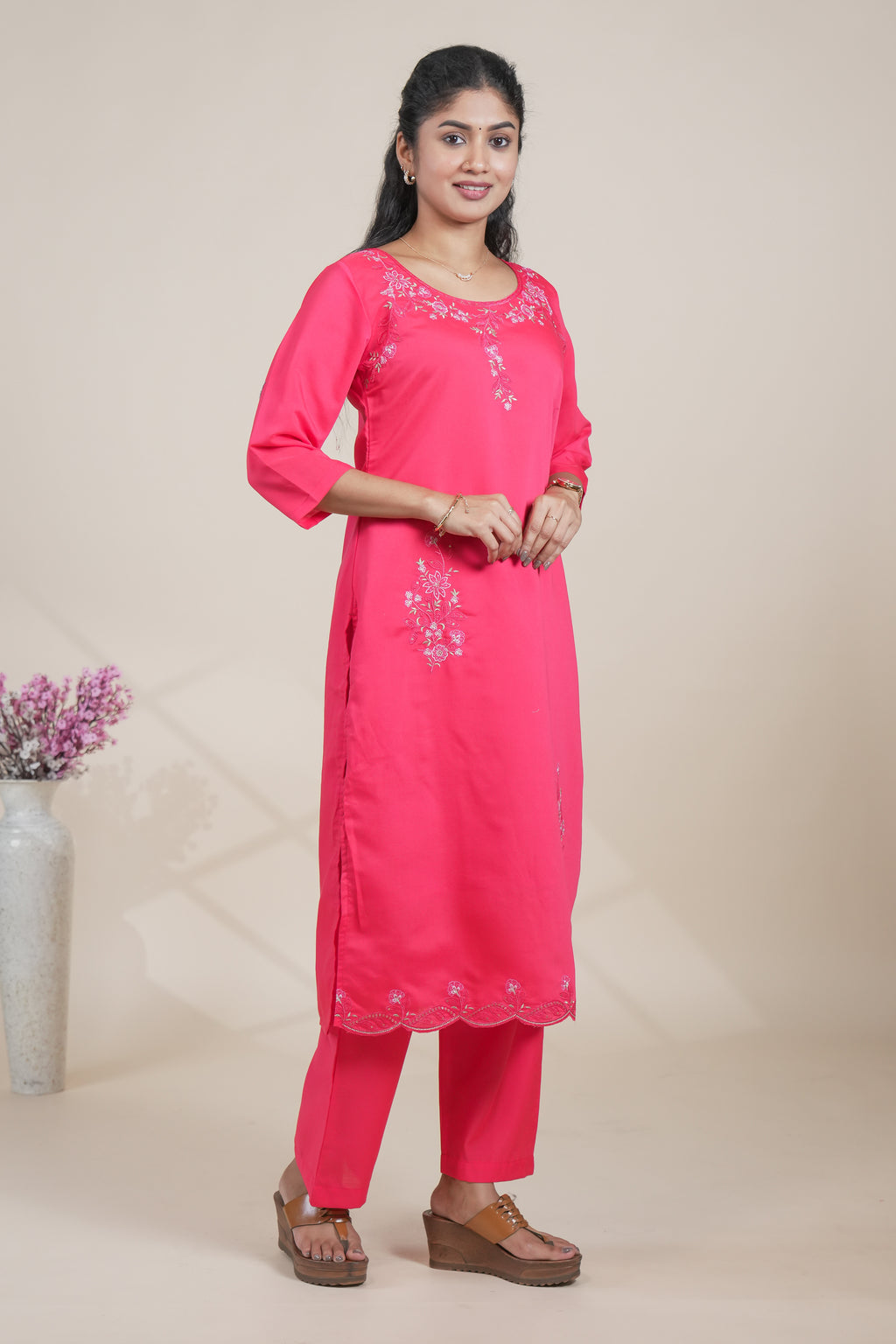 Vibrant Pink Embroidered Straight Kurta with Matching Pants set