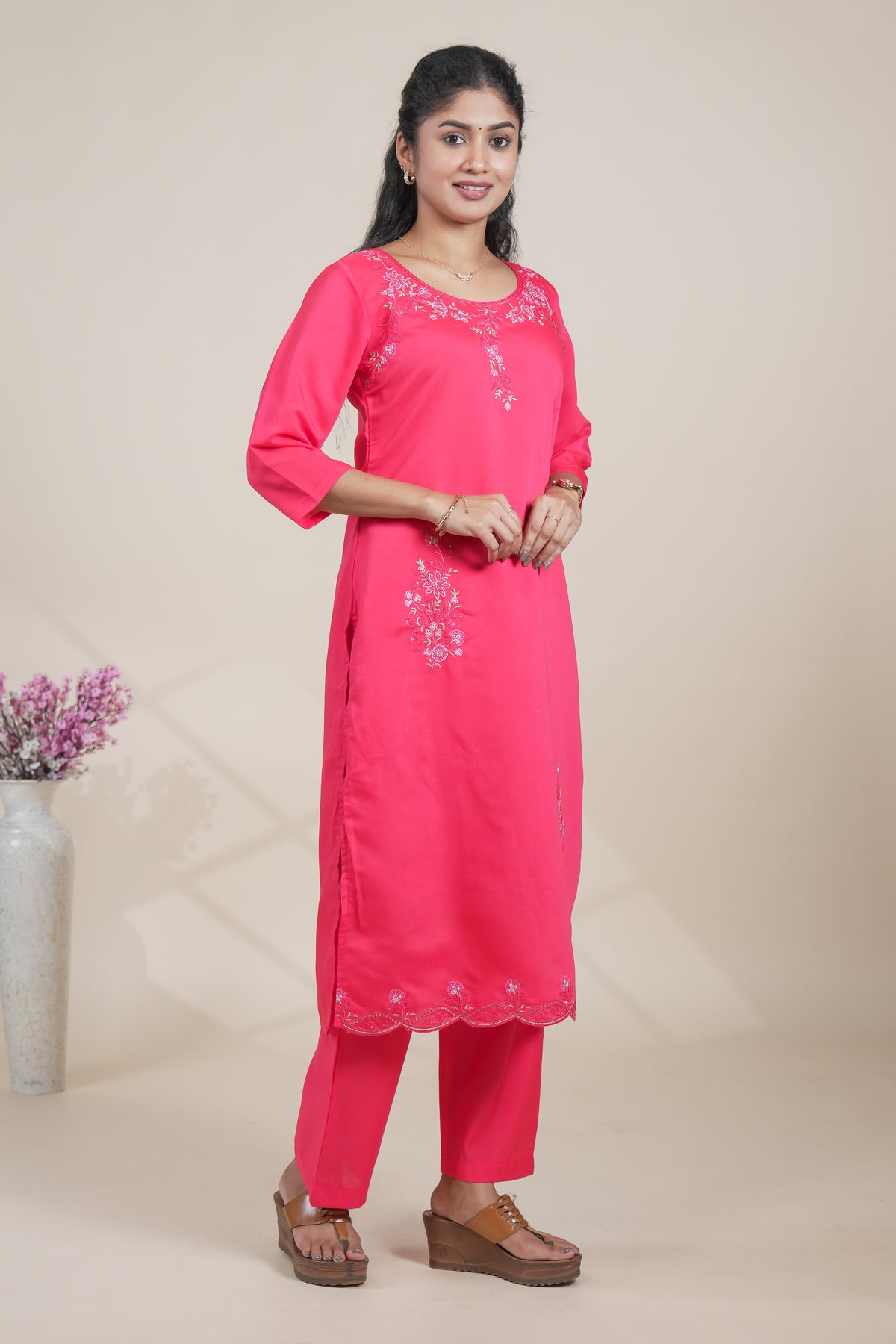 Vibrant Pink Embroidered Straight Kurta with Matching Pants set