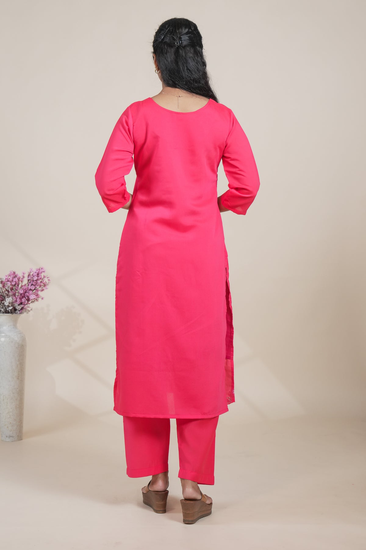 Vibrant Pink Embroidered Straight Kurta with Matching Pants set