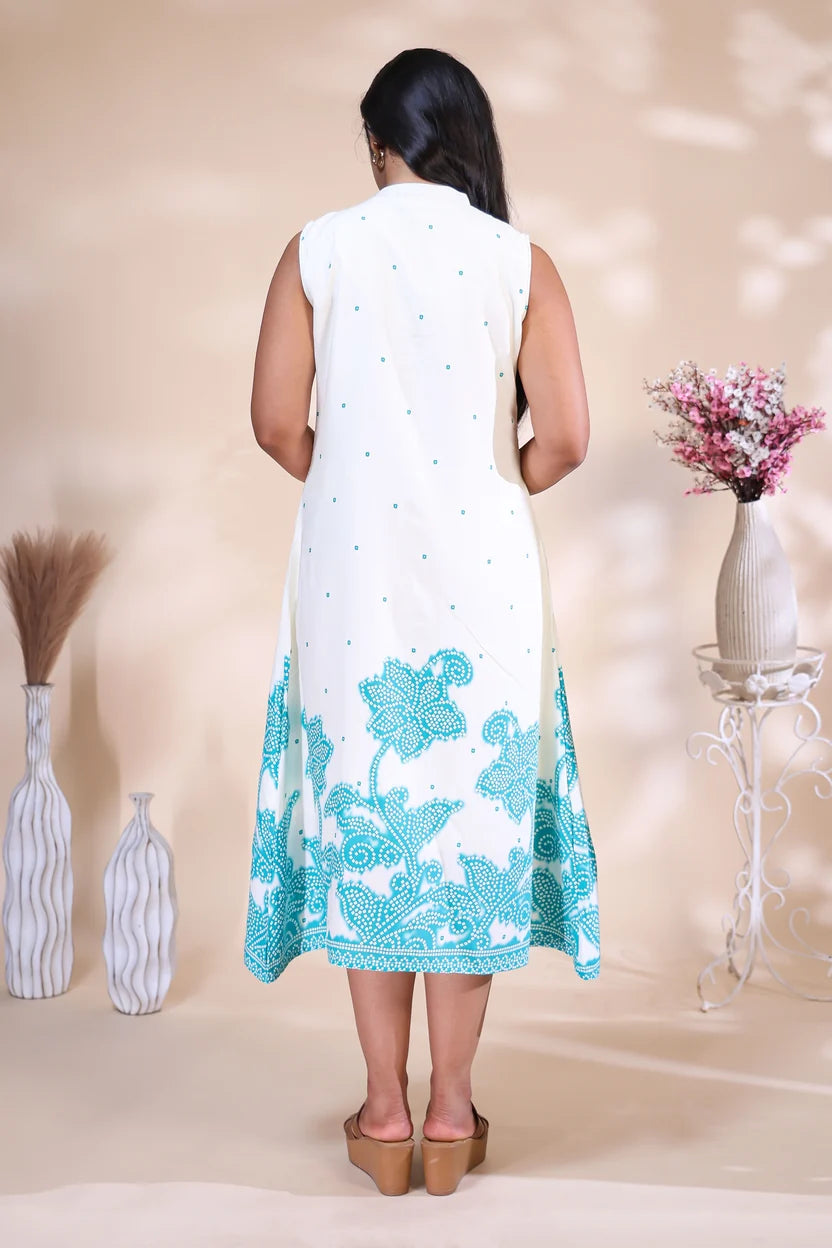 Off-White & Turquoise Blue Printed chinese collar dress
