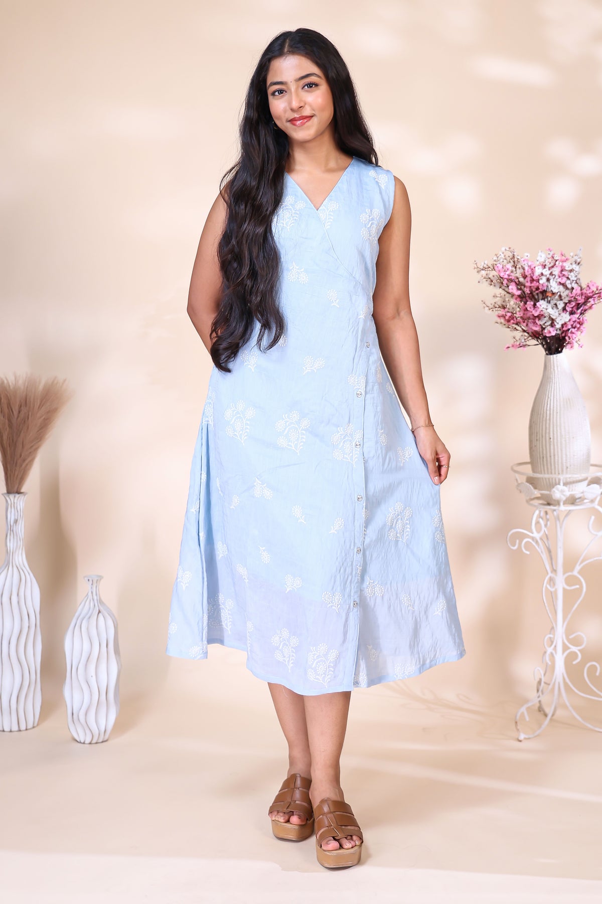Light Blue Floral Printed Westen wrap style Dress
