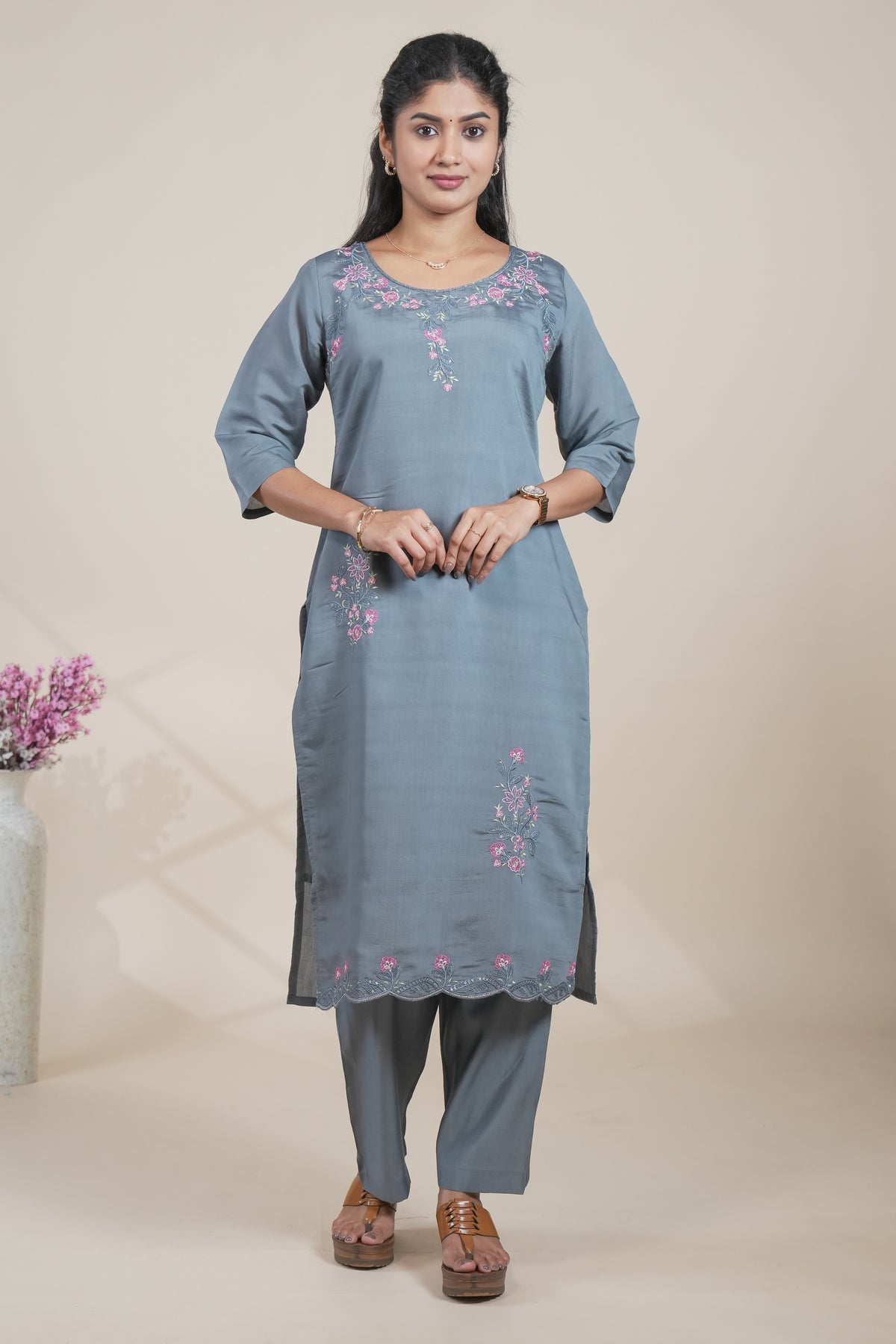 Elegant Grey Embroidered Straight Kurta with Pants Set
