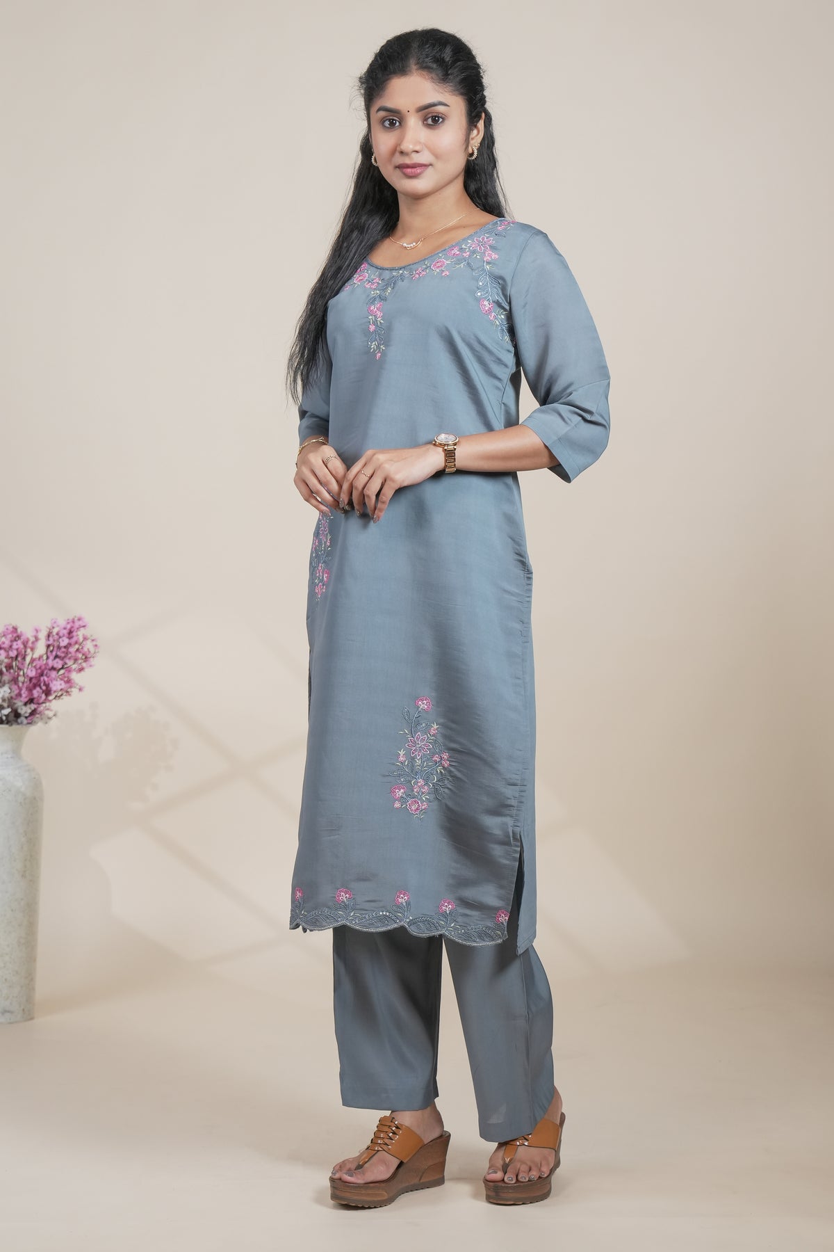 Elegant Grey Embroidered Straight Kurta with Pants Set