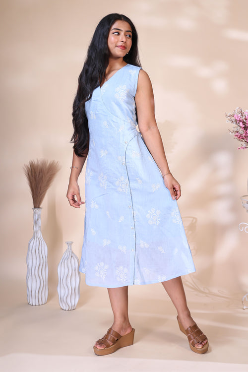 Light Blue Floral Printed Westen wrap style Dress