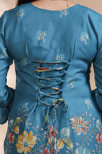 Teal Blue Floral Printed Short Kurti with Pants Set
