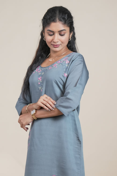 Elegant Grey Embroidered Straight Kurta with Pants Set