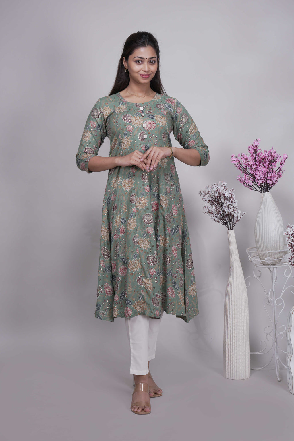 Women's Sage Green Floral Printed A-Line Kurta