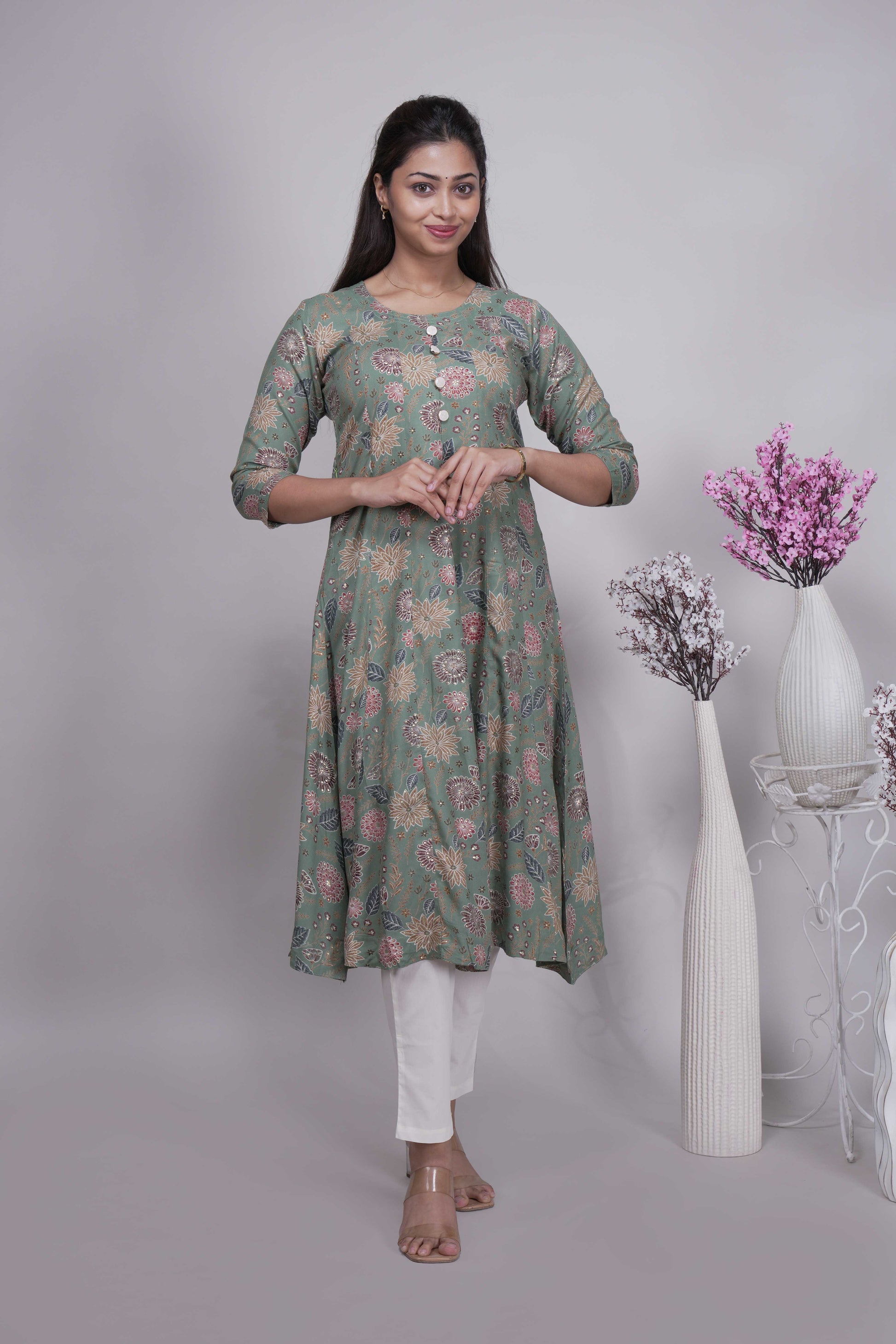 Women's Sage Green Floral Printed A-Line Kurta