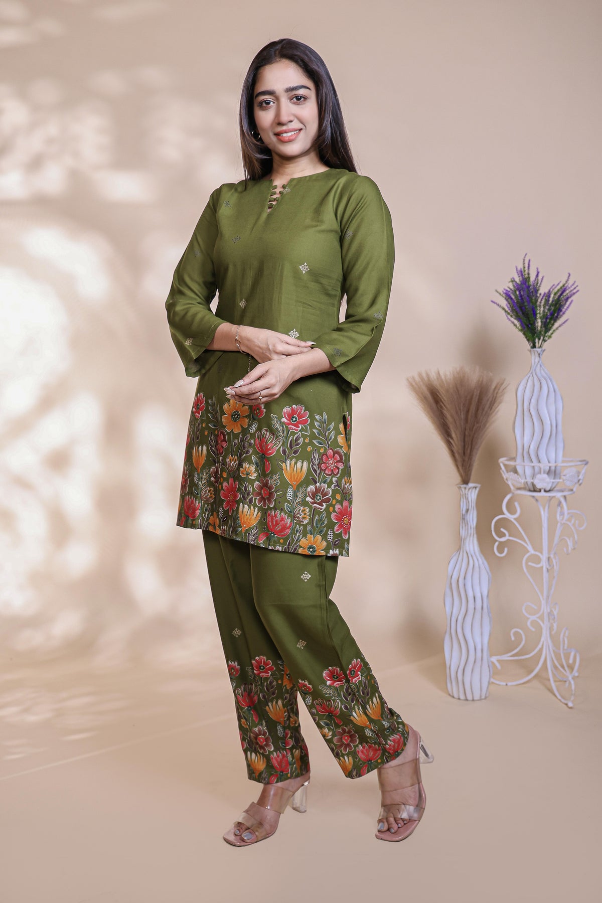 Olive Green Floral Printed & Embroidered Co-Ord Kurti Set